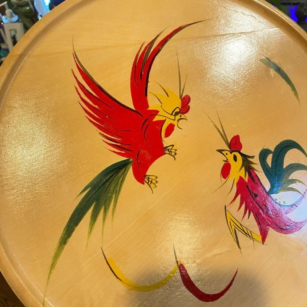 Fighting Rooster Japan Wooden Plate Tray 1950’s  Hand Painted Excellent 12”